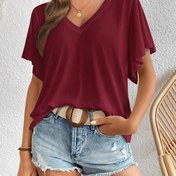 Resim Kadın Yazlık Rahat V-Yaka T-Shirt - Kısa Kollu, Düz Renk, Rahat Kesim, Nefes Alabilen Polyester Kumaş, Rahat Giyim İçin Mükemmel, Yazlık Tshirt | Rahat Kesim Gömlek | Polyester Kumaş, Bayan T-Shirt 