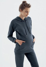 Resim Uzun Kollu Fermuarlı Kapüşonlu Esnek Kumaş Hamile Sweatshirt SW01 - Antrasit / L 