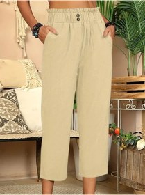 Resim Ge Ticaret Kadın Bel Büzgü Ve Düğme Detay Kapri Keten Pantolon Bej 