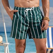 Resim Erkekler için Hızlı Kuruyan Plaj Şortu - İpli Bel, Yeşil & Beyaz Çizgili Desenli Yüzme, Spor ve Tatil İçin Hafif Polyester Mayo, Rahat Kesim, Dayanıklı Mayo, Fitness Tutkunları İçin Spor Mayo 