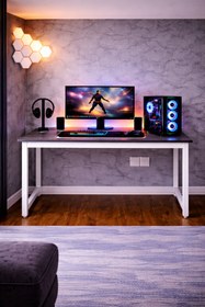 Resim Flinder Siyah/Beyaz Renk Oyuncu Masası 60x120 Cm, Bilgisayar Masası, Gamer Masası, Gaming Masa, Metal Ayaklı 