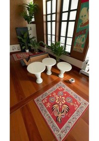 Resim 3 Lü Krem Renk Ahşap Yan Sehpa Takımı Zigon Sehpa Seti Ekru 