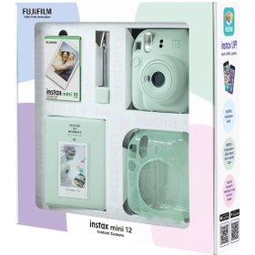 Resim Fujifilm Instax mini 12 Yeşil Fotoğraf Makinesi 10'lu Film Simli Pleksi Kılıf PVC Albüm ve Kıskaçlı Resim Sta 
