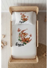 Resim %100 Pamuk Saten İsme Özel İsimli 100x200 Tek Kişilik Lastikli Çarşaf Seti Ceylan Beyaz 