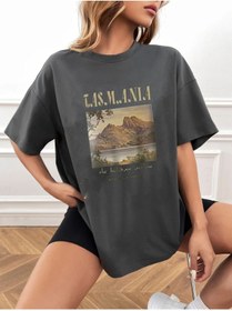 Resim Benisengiydir Kadın Antrasit Tasmanıa Baskılı Oversize Bisiklet Yaka Tshirt 