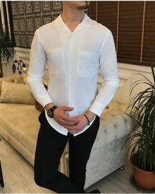 Resim Italyan Stil Slim Fit Erkek Kırlangıç Yaka Gömlek Kırık Beyaz T5778 