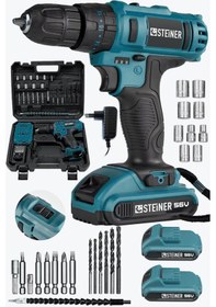 Resim Steiner 56 V 5 Ah Çift Akülü Bakır Sargılı Darbeli Vidalama Matkap + 24 Parça Set Mavi 