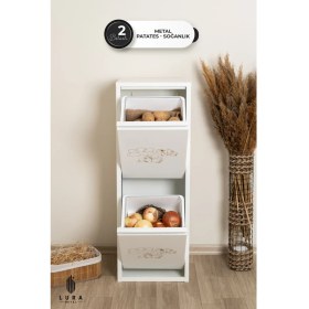 Resim Leyl 2 Katlı Beyaz Baskılı Metal Sebzelik – 100 cm Patates ve Soğanlık Çok Amaçlı Dolap 