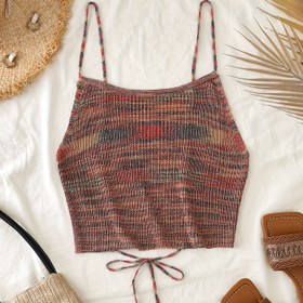 Resim Kadınların Seksi Bağcıklı Halter Yaka Örgü Üstü - Kısa Kollu, Renkli Çizgili Tasarım, Önü Bağcıklı, Bahar/Yaz Rahat Hafta Sonu Giyim İçin Mükemmel, Rahat Giyim Üstü| Bağcıklı Üst| Örgü Yapısı, Kolsuz Üstler 