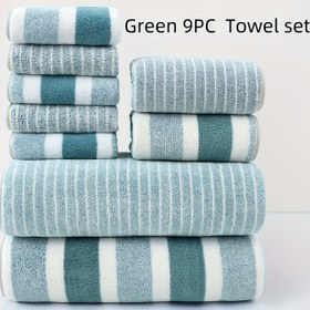 Resim 9 Parça Çizgili Havlu Seti - 5 Adet Büyük Havlu, 2 Adet Orta Boy Havlu ve 2 Adet Küçük Havlu, Rahat, Emici ve Hızlı Kuruyan Banyo Havluları, Otel, Spor, Seyahat, Fitness, Yoga için Uygun, İdeal Banyo Ürünleri 