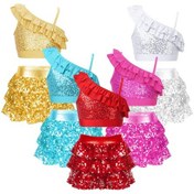 Resim Sıcak Pembe Kızlar Dans Performansı Kıyafeti Asimetrik Omuz Askıları Payet Kırpma Üst Fırfır Etekli Şort Bale Giyim Pembe 