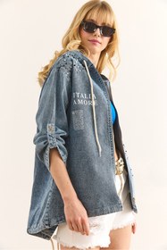 Resim Olalook Kadın Açık Mavi Cepli Kapüşonlu Garnili Oversize Denim Ceket CKT-19000389 