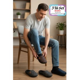 Resim Gezer Erkek Kışlık Rahat Taban Çeyiz Ev Halı Misafir Ofis Terliği-(3'lü Set) 