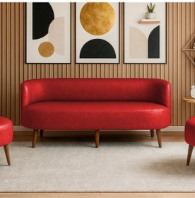 Resim Sydney Üçlü Koltuk Kanepe Deri Kumaş - Ahşap Ayak Ev & Ofis Kullanımı - Kırmızı Kırmızı 