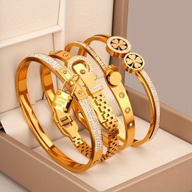 Resim 4 adet Şık Set, Paslanmaz Çelik Moda Bileklikler, Kadın Tarzı Kombinasyon Bileklikler ile Parlayan Kübik Zirkonya, Kız Arkadaşlar için Günlük Giyim ve Parti Hediyeleri için Uygun 