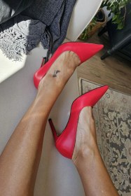 Resim 10 1814 Topukla Kadın İnce Topuklu Stiletto Ayakkabı Kırmızı Deri 