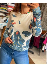 Resim Kadın Beyaz Çiçek Desenli Yarım Crop Sweatshirt Beyaz 