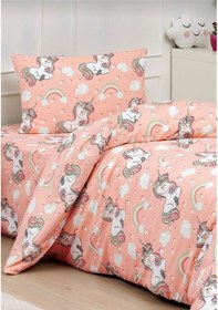 Resim Lionas Unicorn Pamuklu Kız Çocuk Lastikli Çarşaflı Fitted Tek Kişilik Nevresim Takımı Pembe Unicorn 