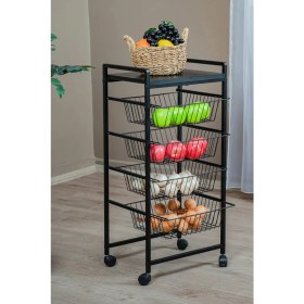 Resim Metal 4 Çekmeceli Sebzelik Tekerlekli Siyah Çok Amaçlı Sebze ve Meyve Düzenleyici 