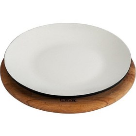 Resim Lava Döküm Yuvarlak Servis Tabağı Ve Kayın Servis Ahşabı. İçi Sable Çap Ø 25cm. 