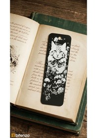 Resim Sanatsal Kedi Ve Çiçek Figürlü Kabartma Dokulu Kitap Ayracı - Mat Siyah Şık Kitap Aksesuarı 