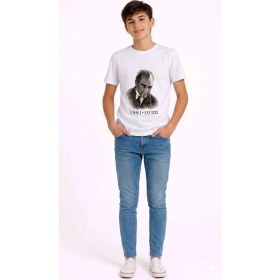 Resim Medi Giyim Erkek Çocuk Atatürk Baskılı Tişört Kısa Kollu Bisiklet Yaka T-Shirt - Beyaz 