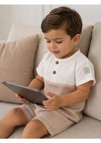 Resim Babyhola Erkek Bebek Müslin Kumaş Şortlu Takım Yazlık Kısa Kollu 2 Li Takım 22455 Bej 