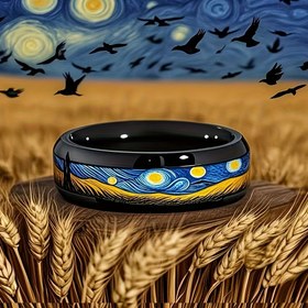 Resim Erkekler için 8mm Paslanmaz Çelik Halka Van Gogh "Gökkuşağı Gece" Tasarımı, Güneş Kumu Kaplama, Canlı Mavi ve Sarı Sanat Eseri, Sevgililer Günü, Özel Günler veya Rahat Kıyafetler için Mükemmel, Erkek Modası Halkası 