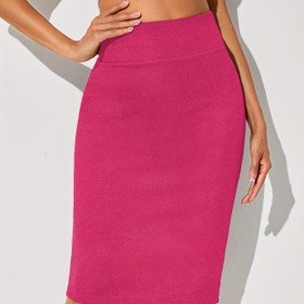 Resim Yüksek Belli Düz Renkli Kalem Etek, Polyester Örgü Kumaş, Yaz Ofis Giysisi 