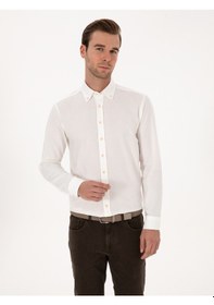 Resim Cacharel Beyaz Slim Fit %100 Pamuk Yakası Düğmeli Flanel Gömlek 