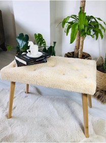 Resim Fahrettin Küçük Gürgen Retro Ahşap Ayaklı Handmade Krem Pofidik Puf Bench Koltuk Sandalye 
