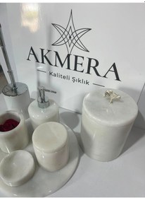 Resim Akmera Elite 7 Parça %100 Gerçek Mermer Banyo Seti Beyaz - Gri 