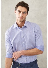 Resim AC&Co / Altınyıldız Classics Erkek Beyaz Mavı Ütü Gerektirmeyen Taılored Slim Fit Dar Kesim Klasik Yaka %100 Pamuk Armürlü Non-ıron Gömlek Beyaz - Mavi 