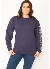 Resim Kadın Lacivert Pamuklu Kumaş Kol Aplikeli Sweatshirt 65n31025-lacivert Lacivert 