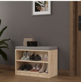 Resim Asra Trend MDF Puflu Ayakkabılık – 2 Raflı, 60 cm, Oturaklı Ayakkabı Düzenleyici, PUF02 Sonoma 