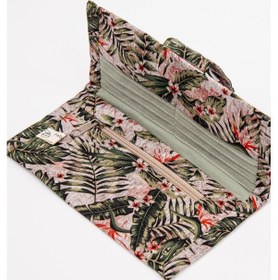 Resim Fabric Craft Bag Kadın Kumaş Cüzdan Duck Kumaş Tropikal Desenli Kartlık Fermuarlı Uzun Cüzdan Haki Yeşil 