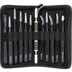 Resim Neevoyu 12'li Antistatik Manyetik Olmayan Paslanmaz Çelik Pinç Seti Depolama Çantası İle 