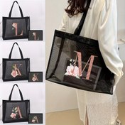 Resim Şık Siyah File Tote Çanta Çiçekli Harf Tasarımı - Yeniden Kullanılabilir, Katlanabilir Omuz Çantası Plaj, Havuz, Spor & Seyahat için - Elde Yıkanabilir Naylon, Plaj Çantası 