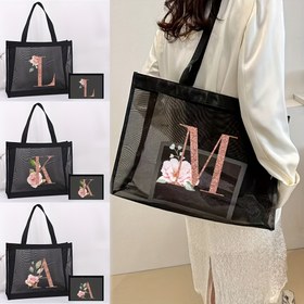 Resim Şık Siyah File Tote Çanta Çiçekli Harf Tasarımı - Yeniden Kullanılabilir, Katlanabilir Omuz Çantası Plaj, Havuz, Spor & Seyahat için - Elde Yıkanabilir Naylon, Plaj Çantası 