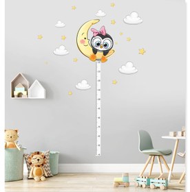 Resim Aya Tutunmuş Yavru Penguen Bulutlar ve Yıldızlar Çocuk Odası Boy ve Gelişim Ölçer Duvar Sticker - 100x70 cm / Renkli / Boy Ölçer 