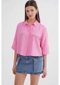 Resim Mixray 4660 Kadın Kısa Kol Crop Gömlek Pembe 