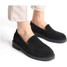 Resim Rahat Günlük Tarz Süet Nubuk Çalışan Kadın Loafer Ayakkabısı Siyah 