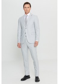 Resim Erkek Grı Slim Fit Dar Kesim Mono Yaka Kapak Cepli Desenli Esnek Takım Elbise Grı 