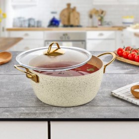 Resim Evren 28 cm Cream Ezme Seri Derin Tencere, Non-Stick Derin Tencere 5,9 Lt (Gold Çelik Kulp) 