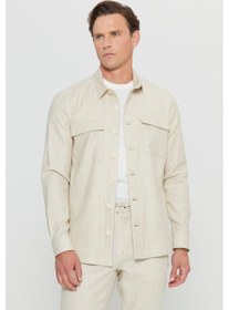 Resim AC&Co / Altınyıldız Classics Erkek Bej Comfort Fit Rahat Kesim Diagonal Desenli Gömlek Yaka Blazer Ceket Bej 