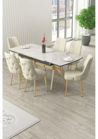 Resim Canisa Nis Serisi 89x150 Açılabilir Lak Panel Beyaz Mermer Gold Ayak Masa Takımı Ve 6 Krem Sandalye Masa Beyaz Mermer Desen Sandalye Krem 