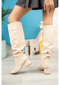 Resim Bej Körüklü Kalın Topuklu Günlük Bayan Çizme Bej 