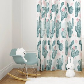 Resim Halı Vagonu HV135 Kaktüs Desenli Çocuk Odası Kadife Kumaş Fon Perde - 70x260 / Tek Kanat 