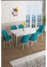 Resim Canisa Han Serisi 70x114 Açılabilir Mdf Mutfak Masası Takımı Beyaz Mermer Desen Masa 6 Turkuaz Sandalye Masa Beyaz Mermer Desen Sandalye Turkuaz 
