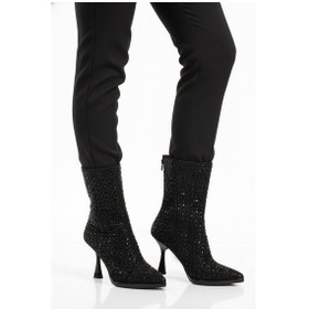 Resim Siyah Taş İşlemeli İnce Topuklu İçi Kürklü Kadın Çizme 671131 Z Siyah 